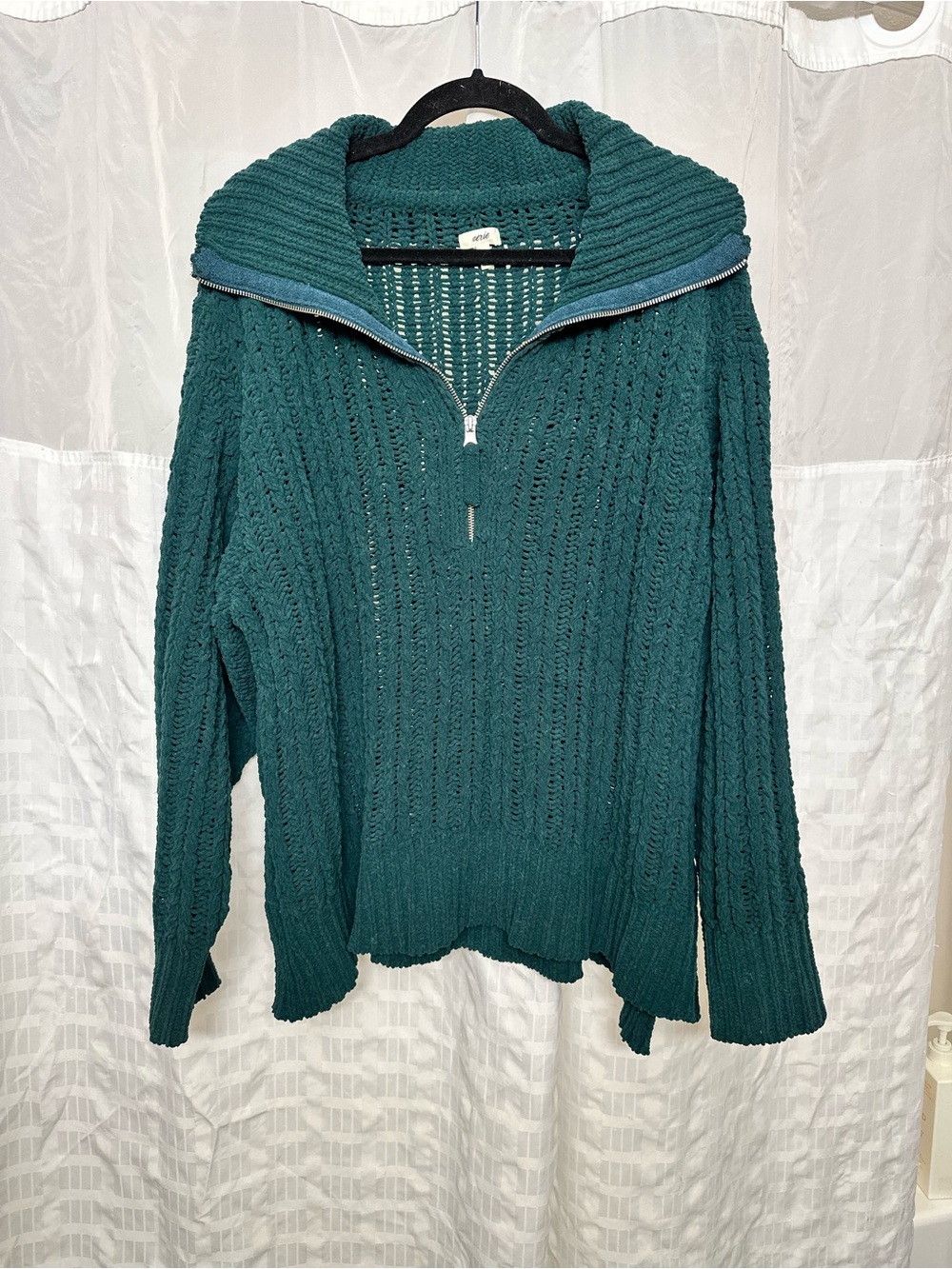 Aerie Cable Car Knit Quarter Zip Deep Forest Green Chenille Sweater L - Picture 6 of 13